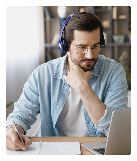 Male student completing course from home office