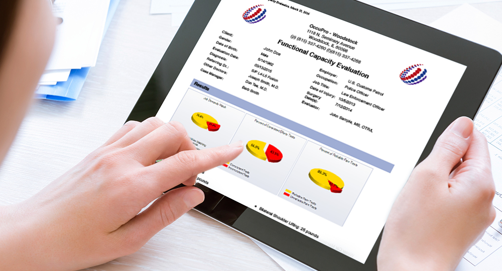 Caseworker reading a Functional Capacity Evaluation on a tablet