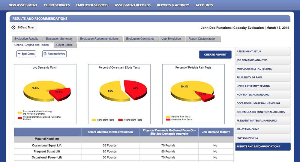 Job Specific Functional Capacity Evaluation screenshot