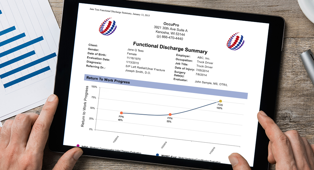 Physician looking over a Functional Discharge Summary on a mobile device