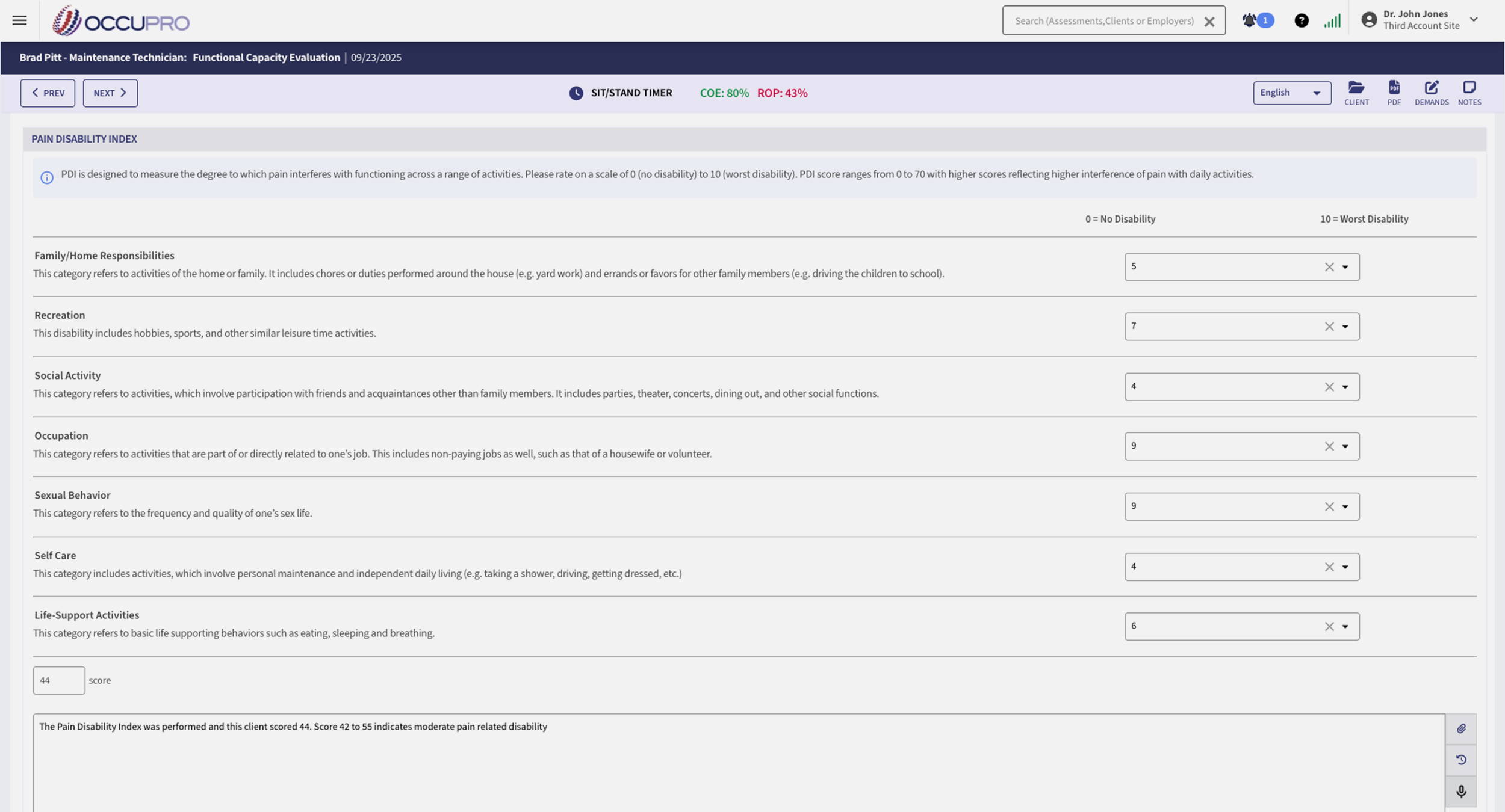 Pain Disability Index screenshot